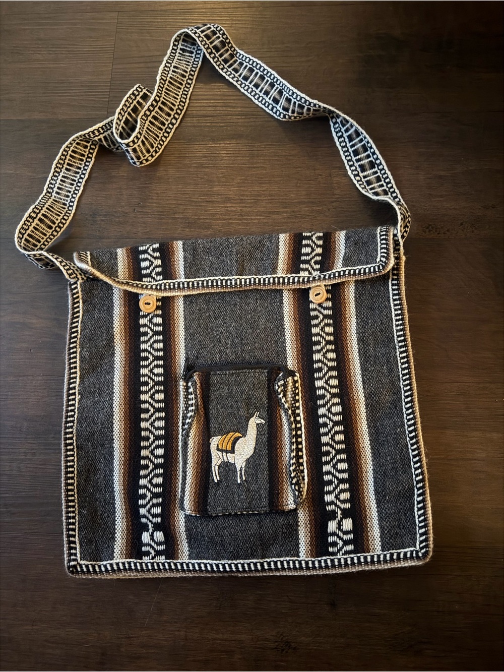 Peruvian Handwoven Black & Brown Crossbody Bag with Llama Embroidery